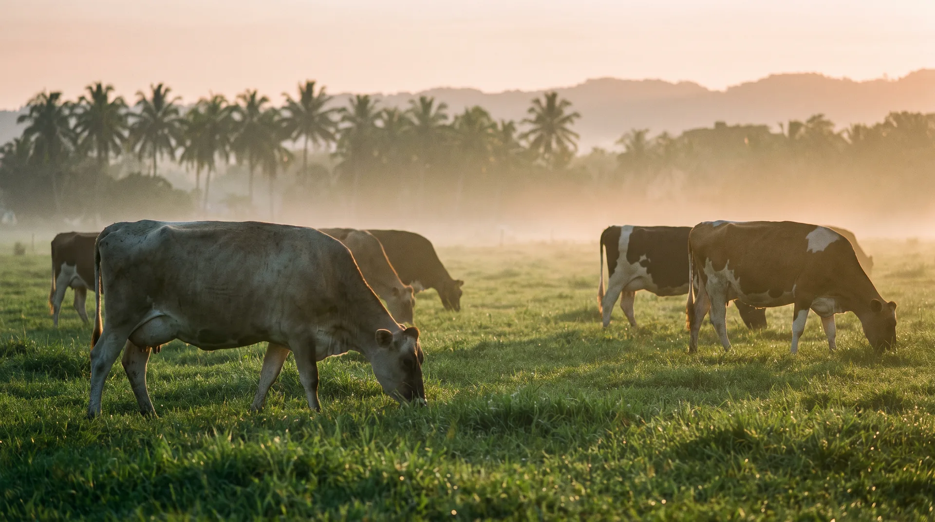 Dairy cattle grazing on tropical pasture at sunrise