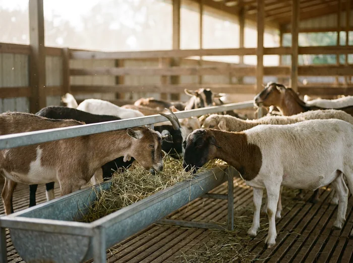 Goats and sheep feeding at a rail