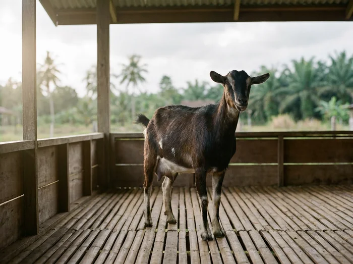 A dairy goat in a raised goat house