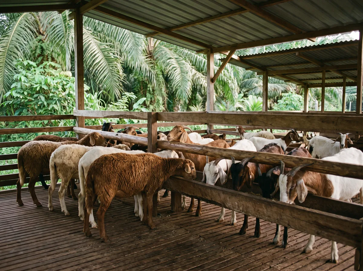 Goats and hair sheep feeding at the rail of a raised Malaysian livestock house