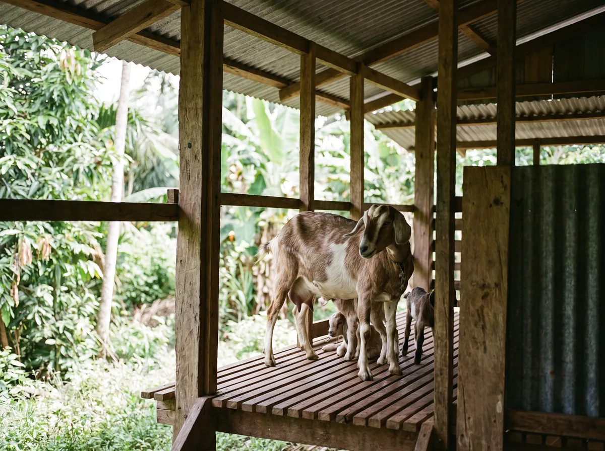 A dairy goat and her kid in a raised Malaysian goat house
