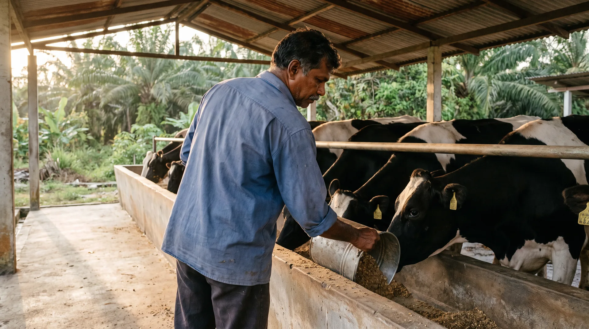 A Malaysian farmer filling a feed trough for dairy cattle