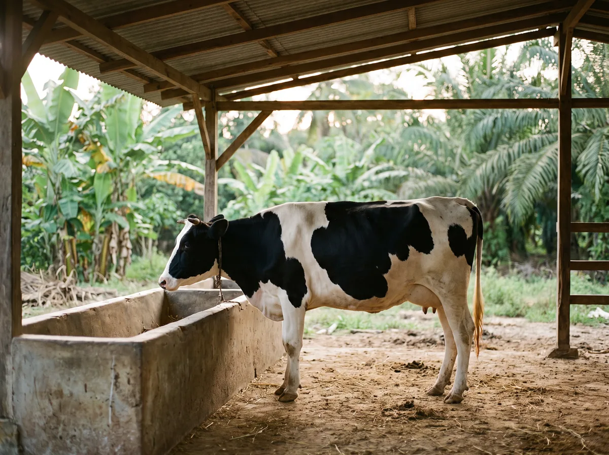 A dairy cow at a feed trough in an open-sided Malaysian shed