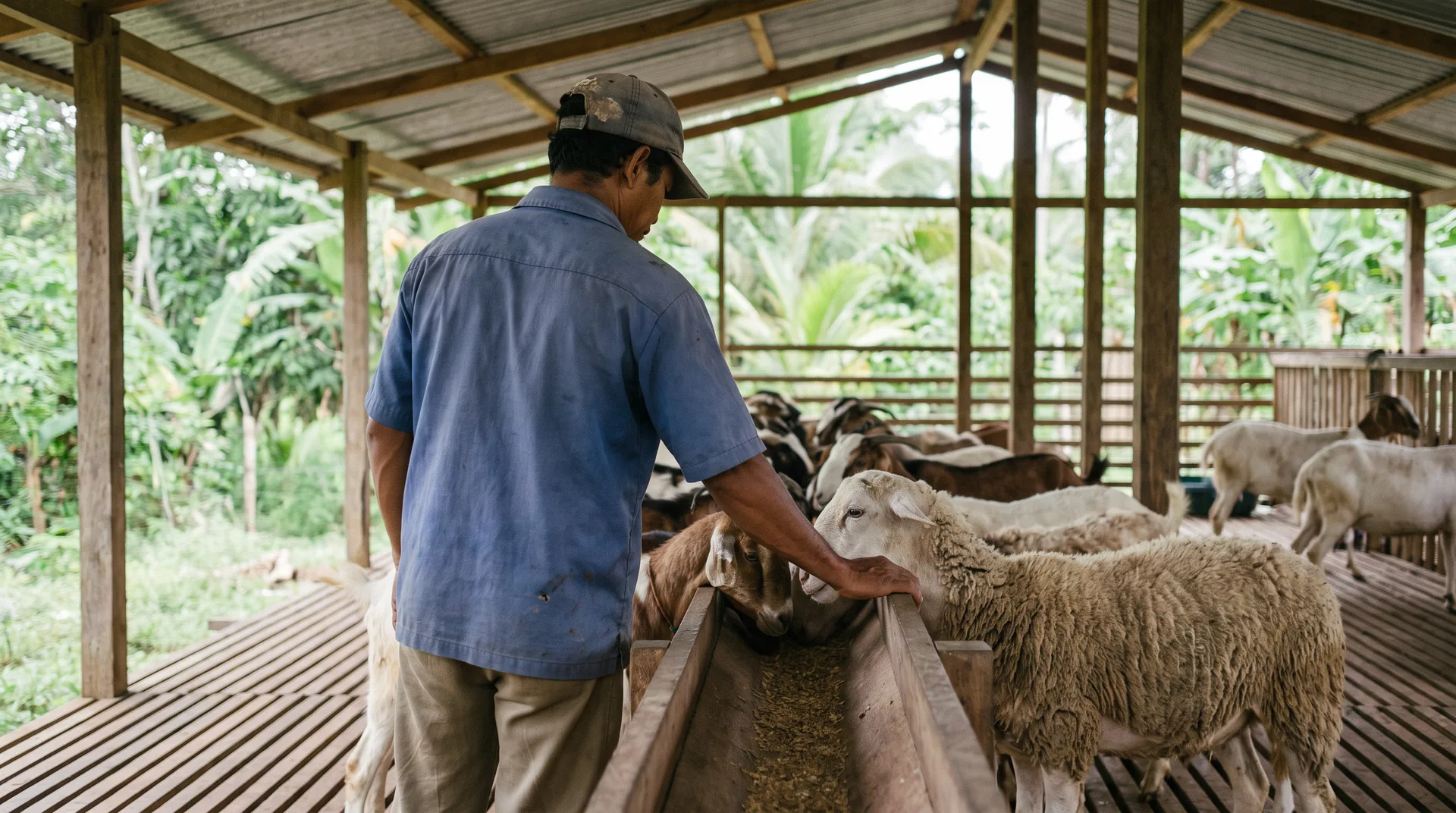 A Malaysian farmer feeding goats and sheep