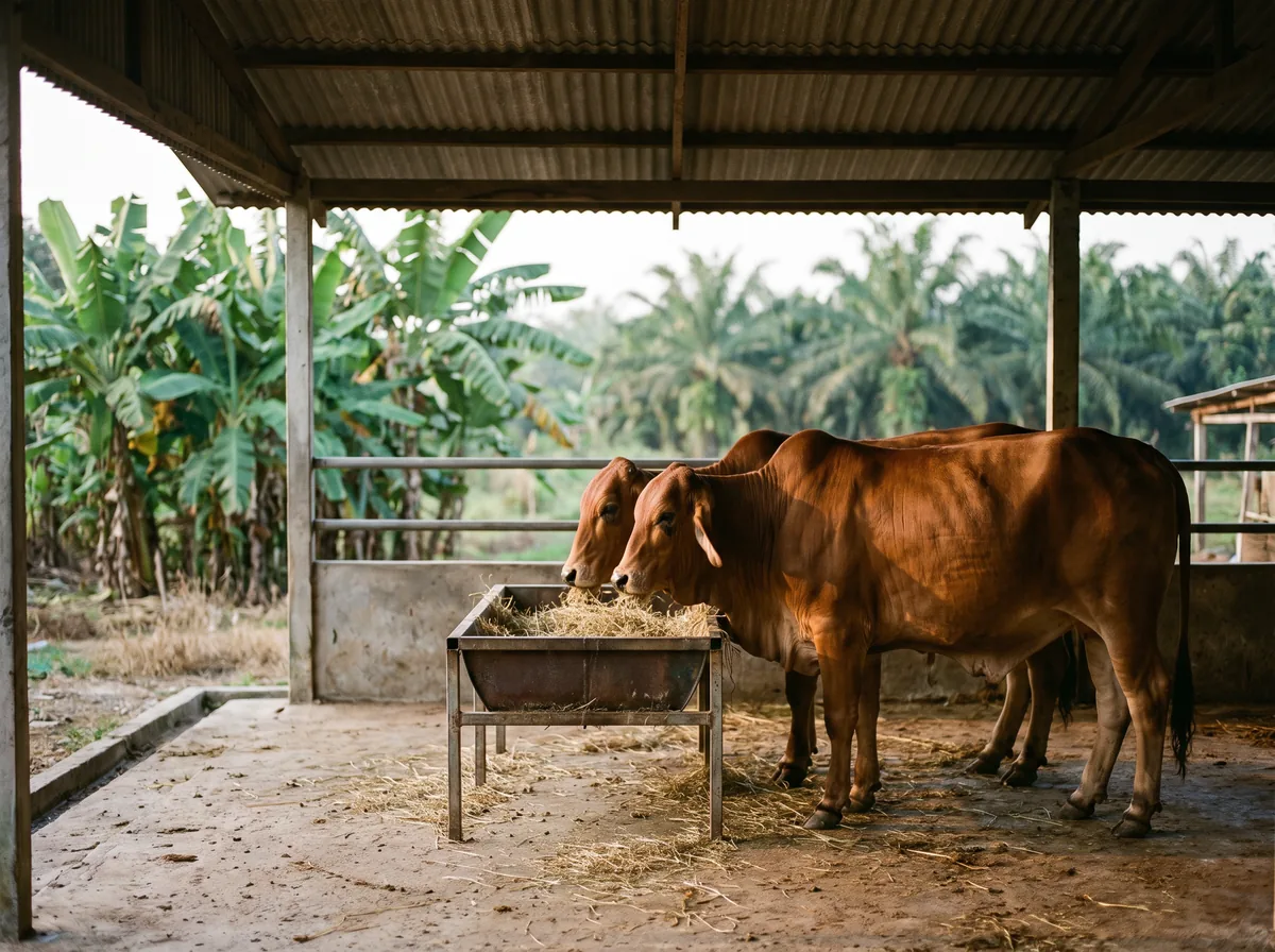 Beef cattle at a feed rail in an open-sided Malaysian shed