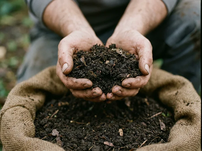 Organic compost fertilizer held in two hands
