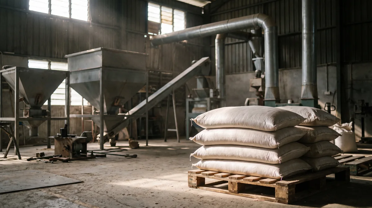 Feed sacks stacked on a pallet inside the Purnima Feeds mill