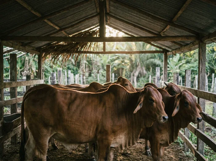 Beef cattle in a shaded holding pen