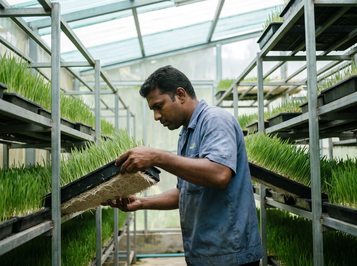 A farm technician lifting a tray of sprouted barley to check the root mat