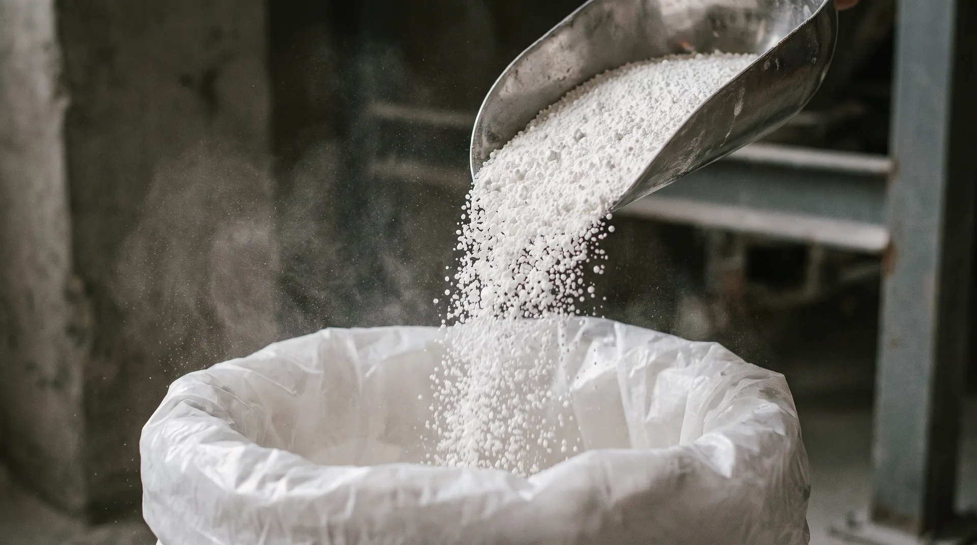 Rumen bypass fat poured from a scoop into a lined sack