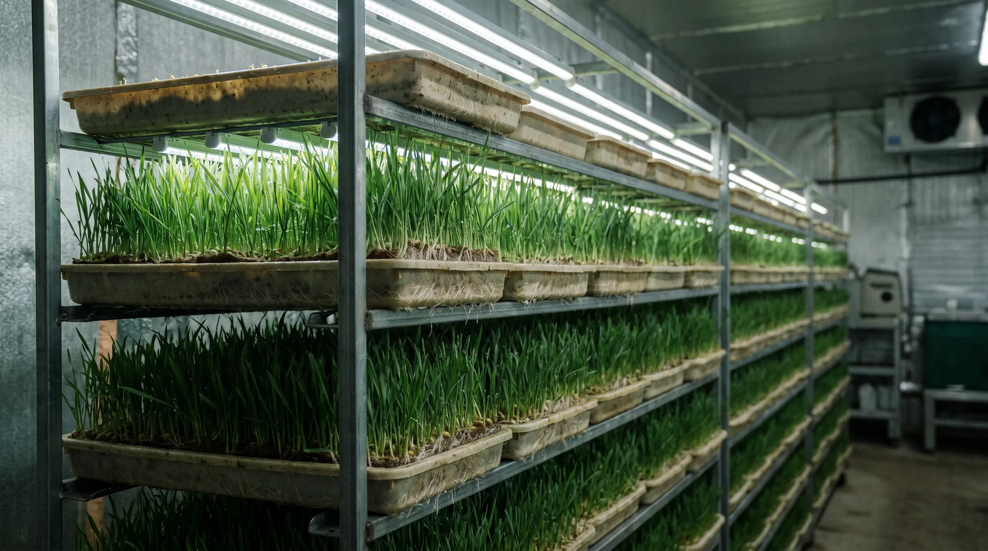 Trays of sprouted barley fodder on a growing rack