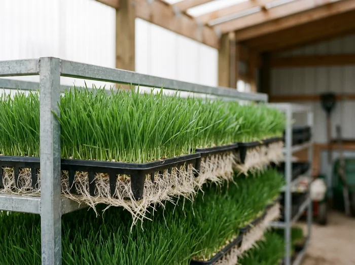 Trays of sprouted green barley fodder on a rack