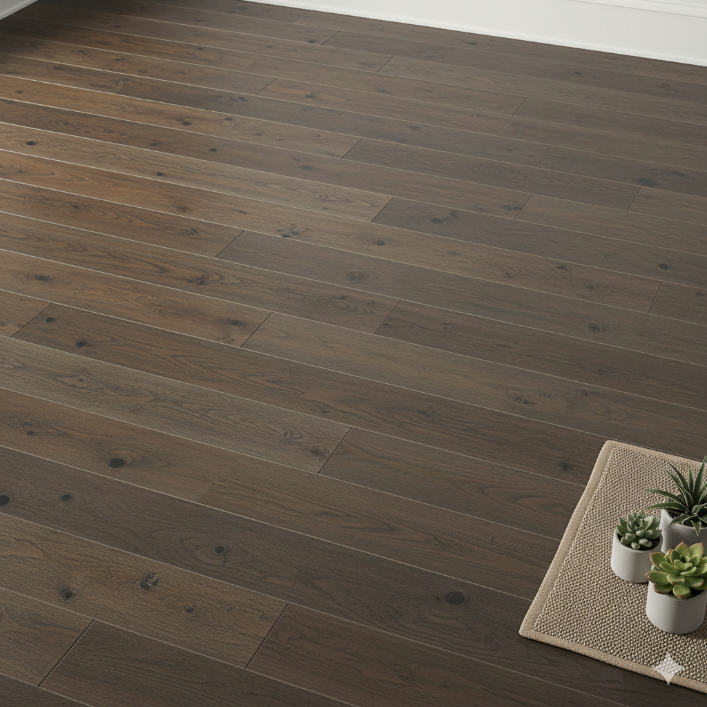 Luxury Vinyl Plank flooring in a rich brown finish with natural wood grain details, complemented by a decorative rug and potted succulents, highlighting design versatility for home interiors.