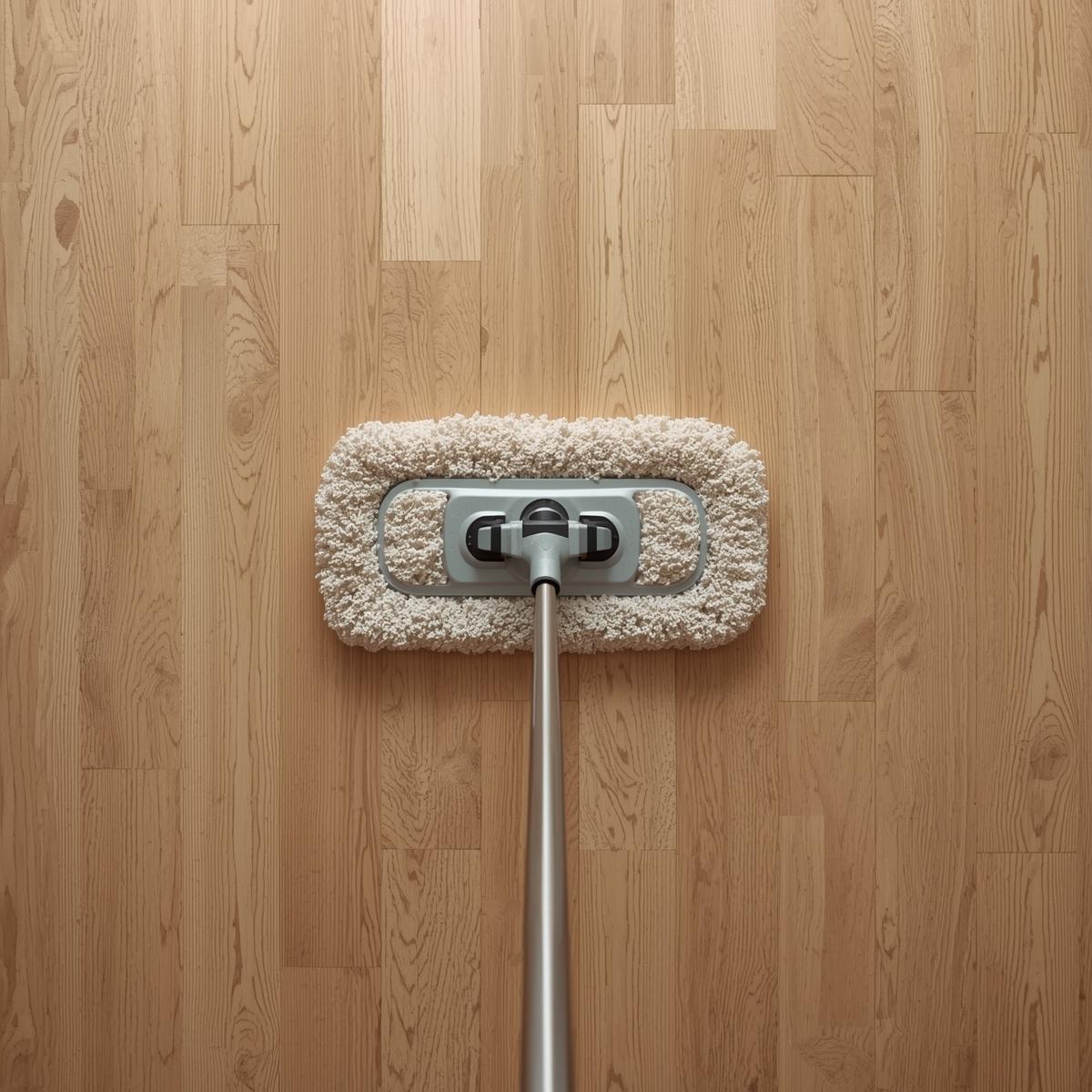 Mop on hardwood floor illustrating proper wood floor cleaning methods for maintaining laminate flooring.