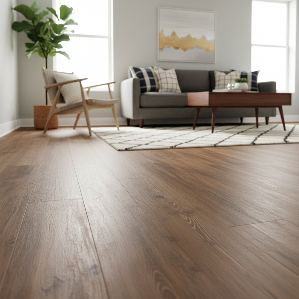 Modern living room featuring Luxury Vinyl Plank (LVP) flooring, natural wood appearance, stylish furniture, and bright natural light.