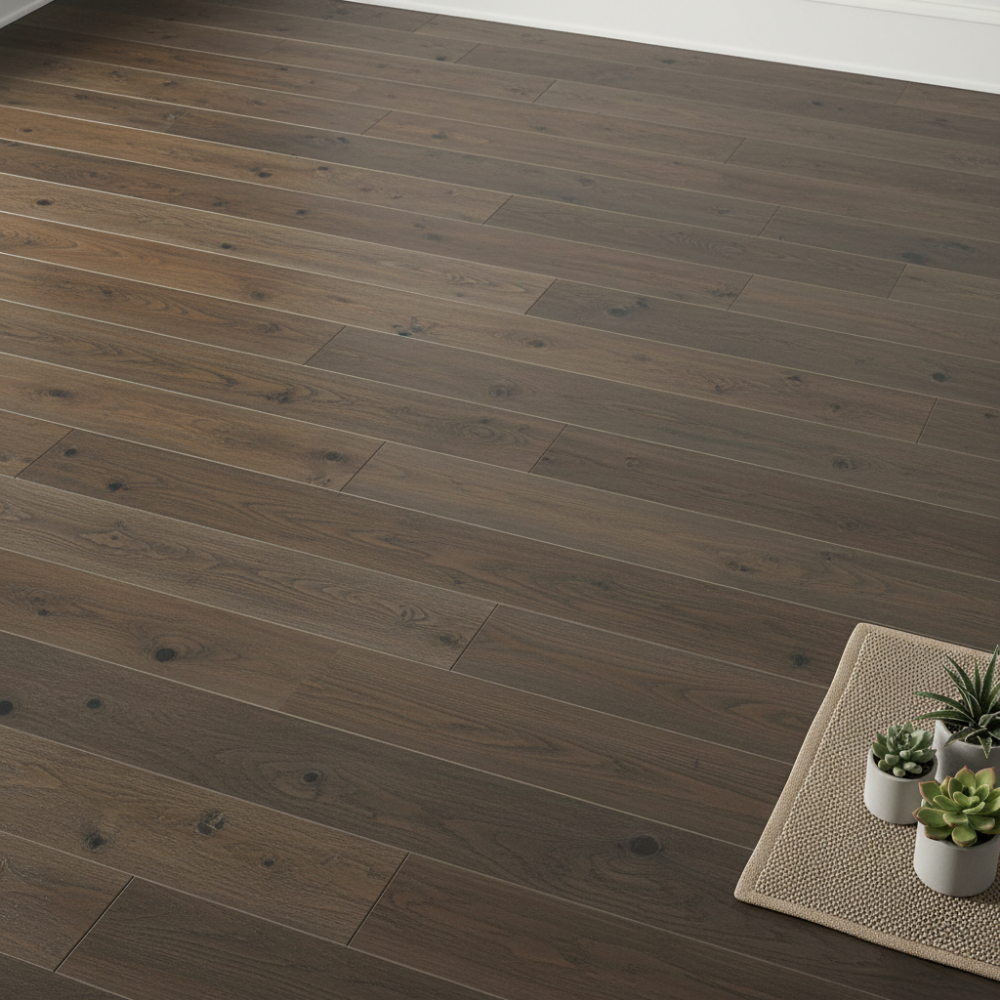 Luxury Vinyl Plank flooring in a rich dark wood finish, showcasing natural grain patterns, accompanied by a small potted plant arrangement on a textured mat.