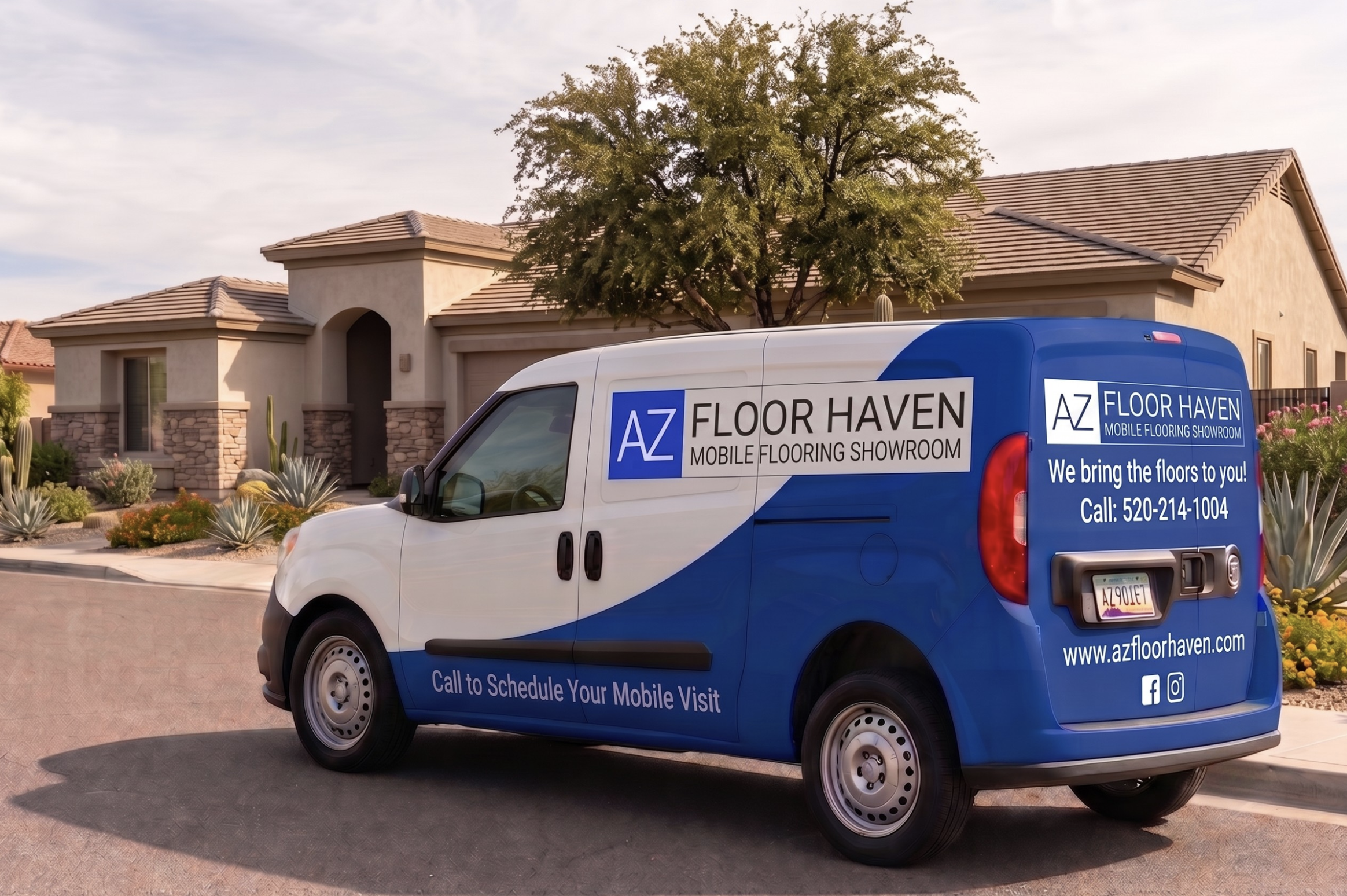 AZ Floor Haven mobile flooring showroom van parked outside an Oro Valley home, ready for an in-home design consultation.