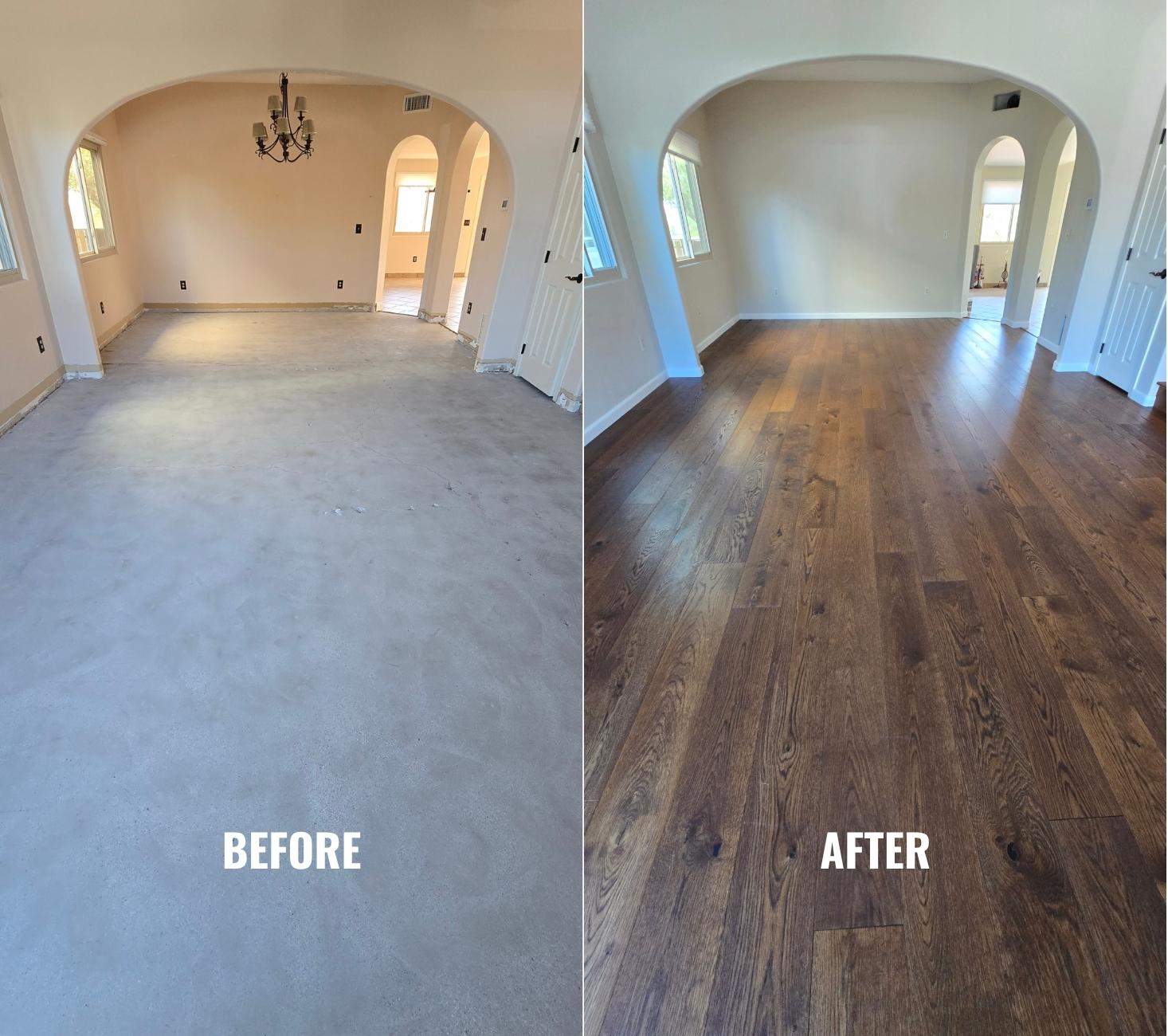AZ Floor Haven before and after wood flooring installation in La Reserve, Oro Valley, featuring wide-plank European Oak.
