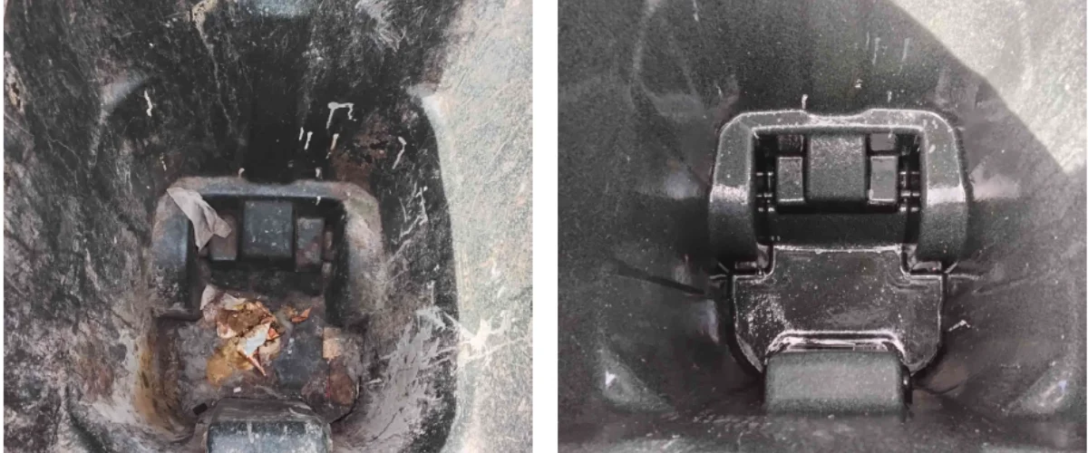 A split image showing the inside of a dirty waste bin on the left and a clean bin on the right, highlighting before and after cleaning. A split image showing the inside of a dirty waste bin on the left and a clean bin on the right, highlighting before and after cleaning.