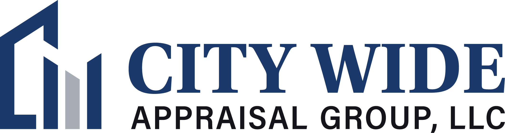 A minimalist logo featuring two overlapping abstract house shapes, one light gray and one dark gray, on a white background.