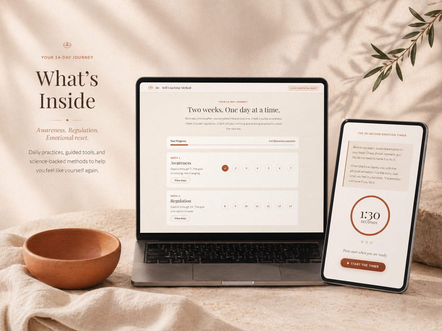 Laptop and phone showing the 14 Day Emotional Reset program interface