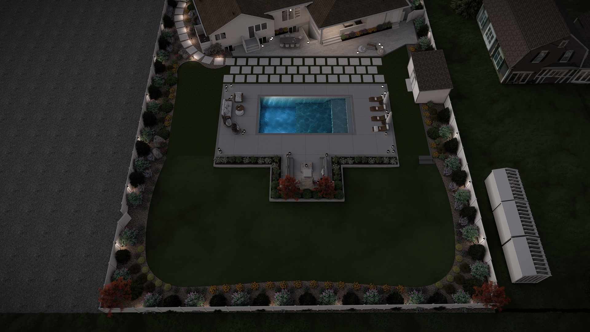 3D landscape render — night aerial view