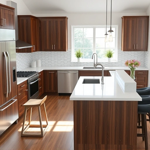 Modern kitchen with a polished quartz island, dark wood cabinetry, and elegant tile backsplash in the Triangle area.