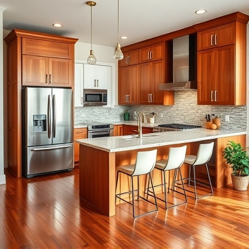 Modern kitchen in Wendell NC features warm wood cabinetry, granite countertops, stainless steel appliances, and stylish decor.