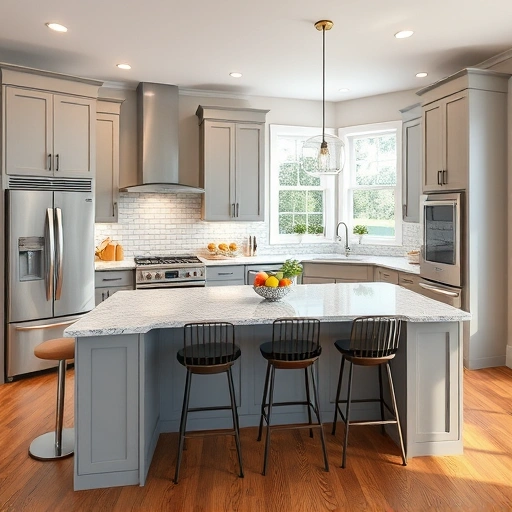 Modern kitchen installation in Fuquay-Varina NC featuring gray cabinetry, quartz countertops, and stainless steel appliances.