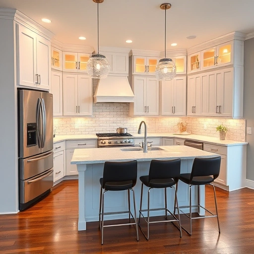 New kitchen installation in New Hill NC featuring white cabinetry, quartz countertops, stainless steel appliances and hardwood floors.