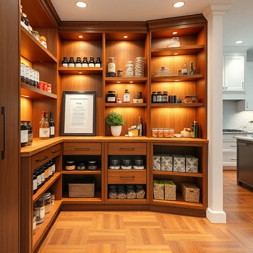 Modern kitchen pantry build-out in the Triangle area with custom wooden shelves, organized jars, and warm lighting.