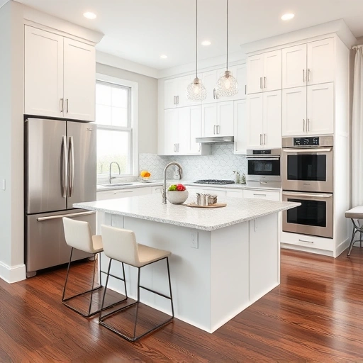 Modern kitchen installation in Lillington NC featuring white cabinetry, quartz countertops, and stainless steel appliances.