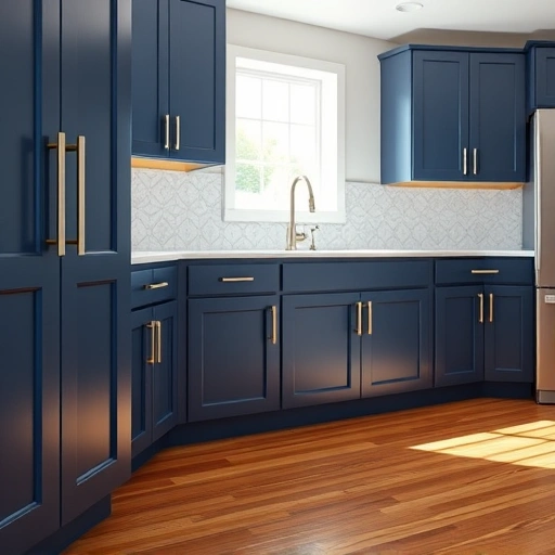 Modern kitchen in the Triangle area with deep blue cabinets, brushed nickel handles, white quartz countertops, and stylish backsplash.