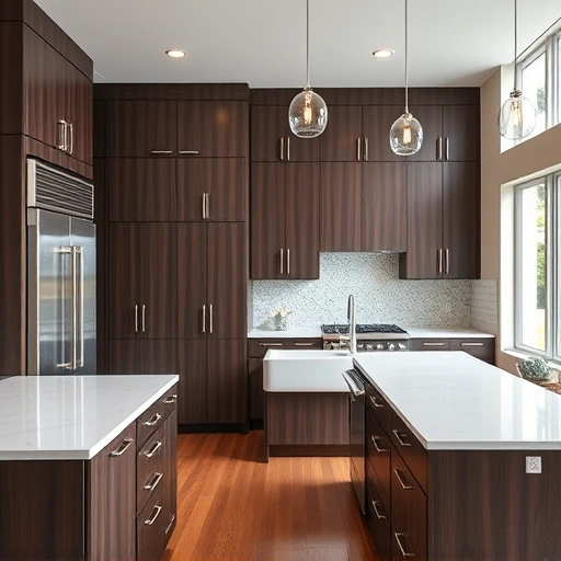 Modern kitchen installation in Apex NC featuring dark wood cabinetry, white quartz countertops, and stainless steel appliances.