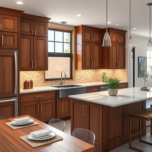Semi-custom kitchen in the Triangle area with wooden cabinets, quartz countertop, and mosaic tile backsplash in modern home.