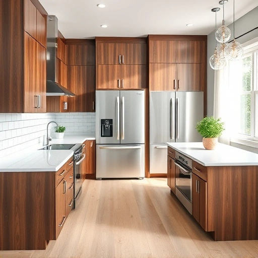 Modern kitchen installation in Wilson's Mills NC featuring walnut cabinetry, quartz countertops, and stainless steel appliances.
