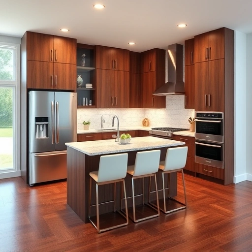 Modern kitchen installation in Princeton NC with walnut cabinetry, marble countertops, stainless steel appliances, and natural light.