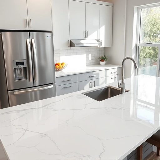 Quartz countertop installation in a modern kitchen in the Triangle area with polished white quartz and gray veining features.