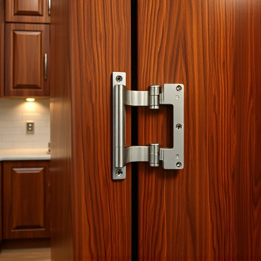 Soft-close hinge installation in a mahogany cabinet, showcasing elegant design in a modern kitchen setting.