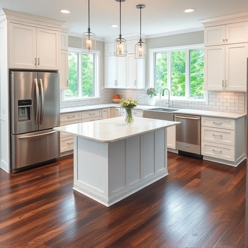Spacious Apex NC kitchen remodel with white cabinetry, quartz island, subway tile backsplash, and stainless appliances.
