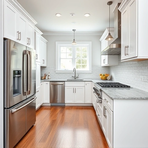 New kitchen installation in Youngsville NC with modern white cabinetry, granite countertops, and stainless steel appliances.