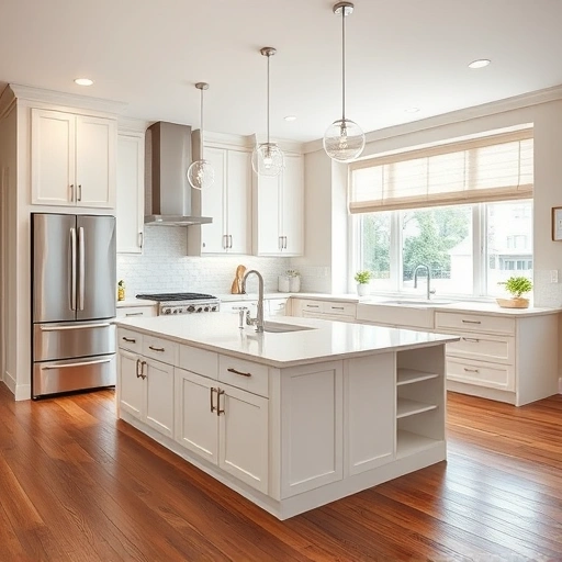 New Kitchen Installation in New Hill NC features white cabinetry, quartz island, stainless steel appliances, and hardwood floors.