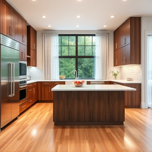New kitchen installation in Angier NC featuring walnut cabinetry, quartz countertops, and modern appliances with a serene view.
