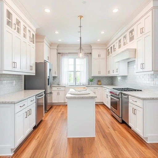Spacious Apex NC kitchen with white shaker cabinets, quartz countertops, subway tile backsplash, and hardwood floors.