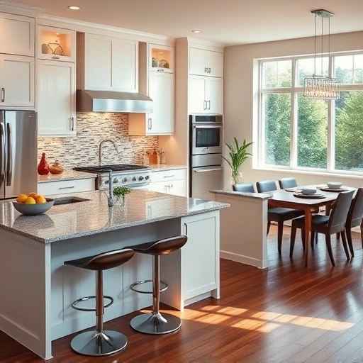 Modern kitchen design in the Triangle area featuring granite countertops, custom white cabinetry, and stainless steel appliances.