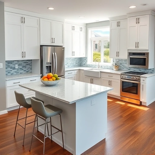 Modern open-concept kitchen in Apex, NC with white cabinetry, quartz countertops, and blue-gray glass tile backsplash.