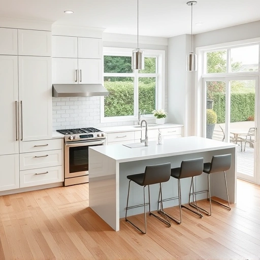 New kitchen installation in Clayton NC featuring modern cabinetry, white quartz countertops, and elegant lighting.