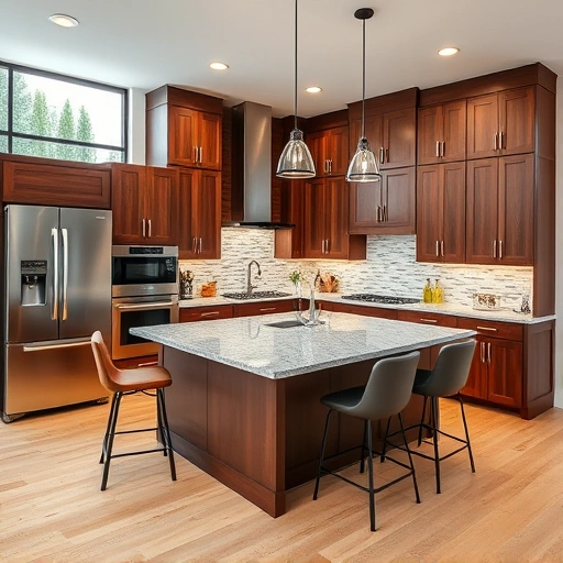Modern kitchen installation in Pittsboro NC featuring sleek appliances, elegant cabinetry, and a large granite island.