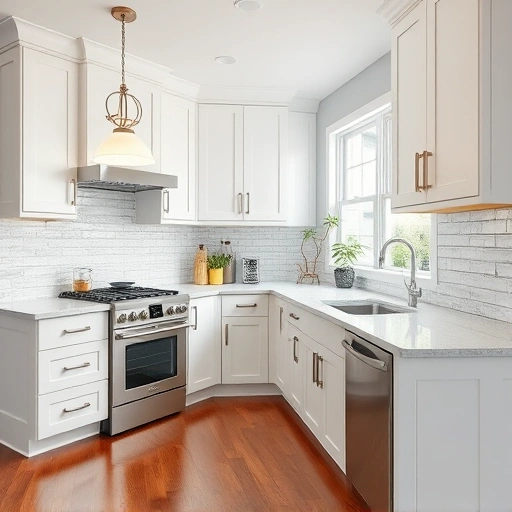 Modern kitchen installation in Lillington NC with white cabinetry, quartz countertops, and stainless steel appliances.