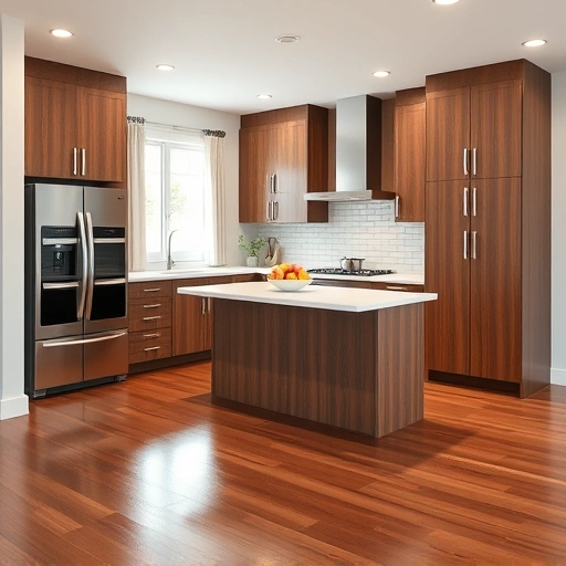 New kitchen installation in Pittsboro NC features walnut cabinetry, white countertops, stainless steel appliances, and polished hardwood.